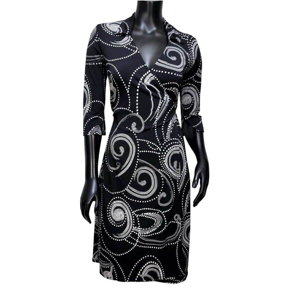 Y2K 90s I.N. San Francisco Womens Black White‎ Dotted Swirl Wrap Dress USA